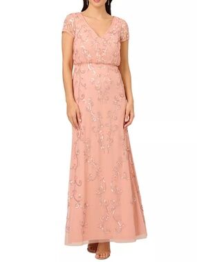 Adrianna Papell‎ - V-Neck Beaded Short-Sleeve Gown